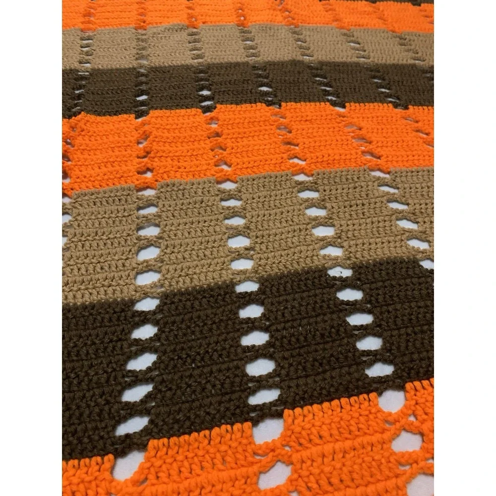 Vintage Hand Crochet Or Knit Afghan Throw  48 x 54 Orange Brown